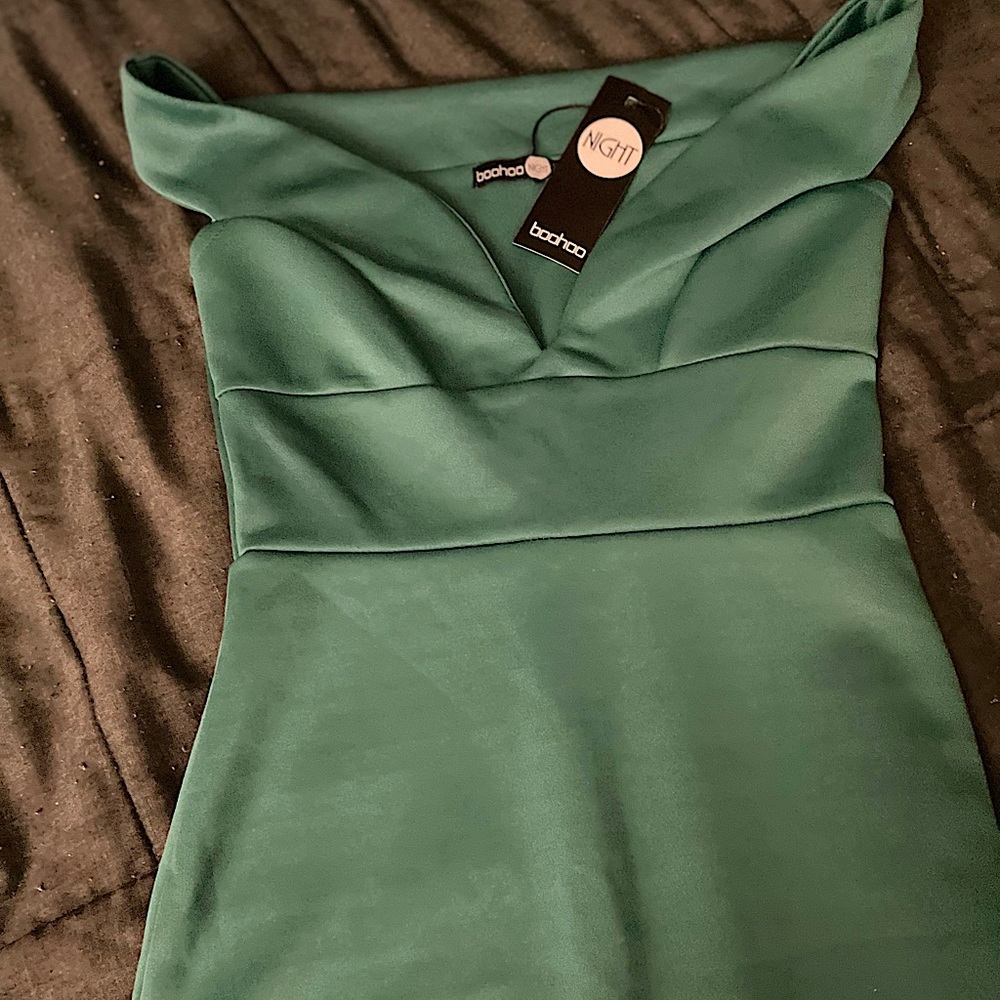 Beautiful tealish green slightly off the shoulder fitted dress
